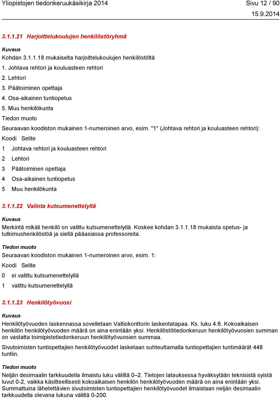 "1" (Johtava rehtori ja kouluasteen rehtori): Koodi Selite 1 Johtava rehtori ja kouluasteen rehtori 2 Lehtori 3 Päätoiminen opettaja 4 Osa-aikainen tuntiopetus 5 Muu henkilökunta 3.1.1.22 Valinta kutsumenettelyllä Merkintä mikäli henkilö on valittu kutsumenettelyllä.