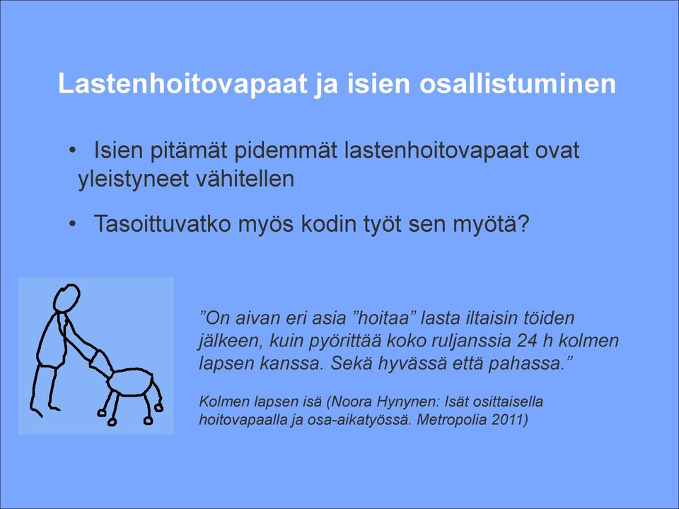 On aivan eri asia hoitaa lasta iltaisin töiden jälkeen, kuin pyörittää koko ruljanssia 24 h kolmen