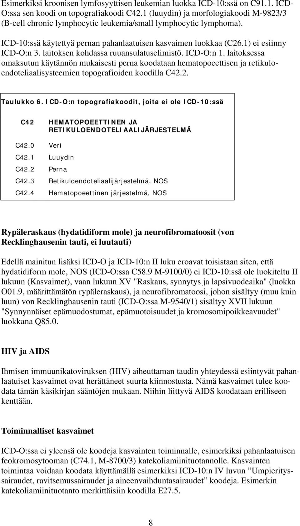 laitoksen kohdassa ruuansulatuselimistö. ICD-O:n 1. laitoksessa omaksutun käytännön mukaisesti perna koodataan hematopoeettisen ja retikuloendoteliaalisysteemien topografioiden koodilla C42.