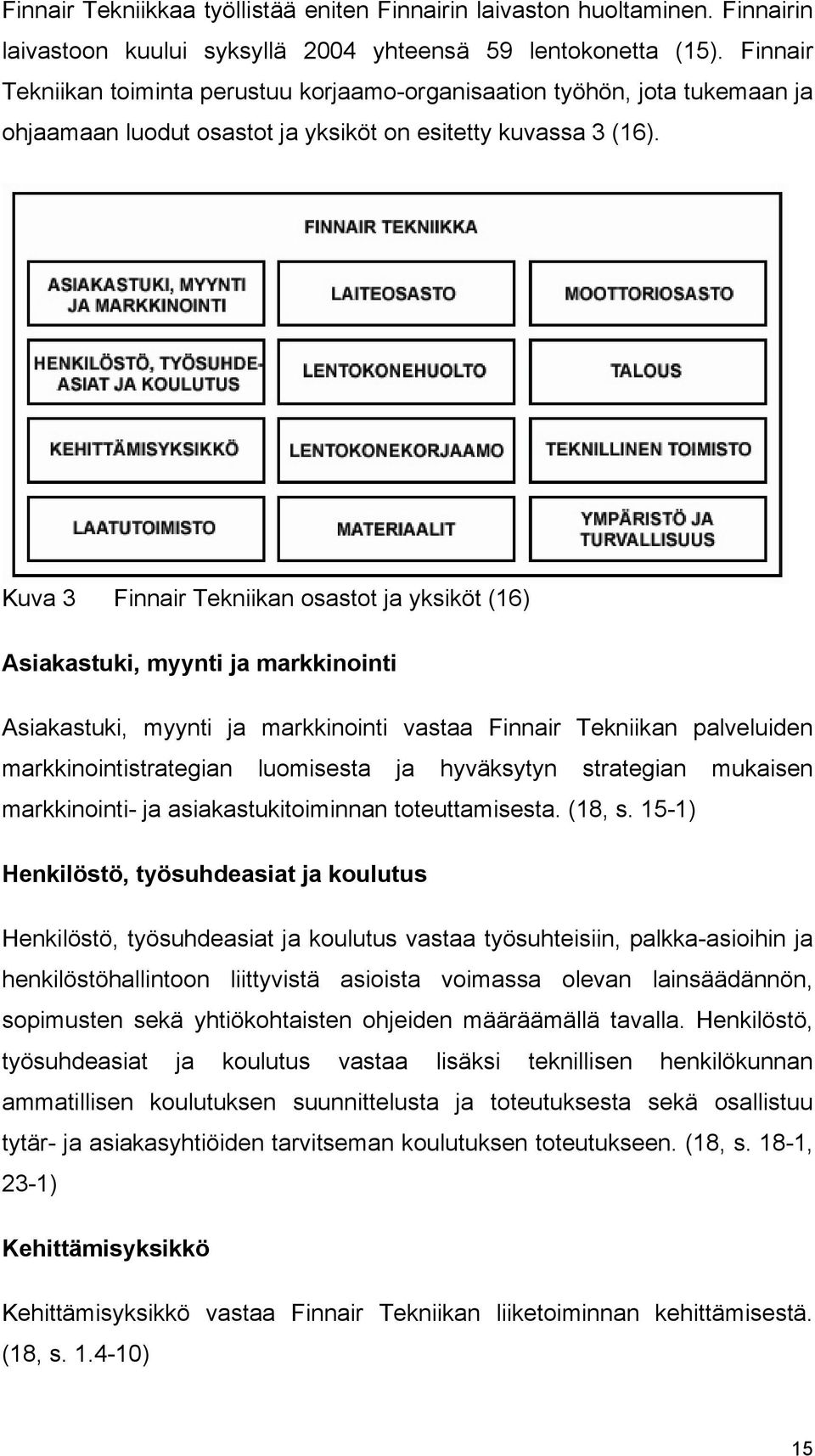 Kuva 3 Finnair Tekniikan osastot ja yksiköt (16) Asiakastuki, myynti ja markkinointi Asiakastuki, myynti ja markkinointi vastaa Finnair Tekniikan palveluiden markkinointistrategian luomisesta ja