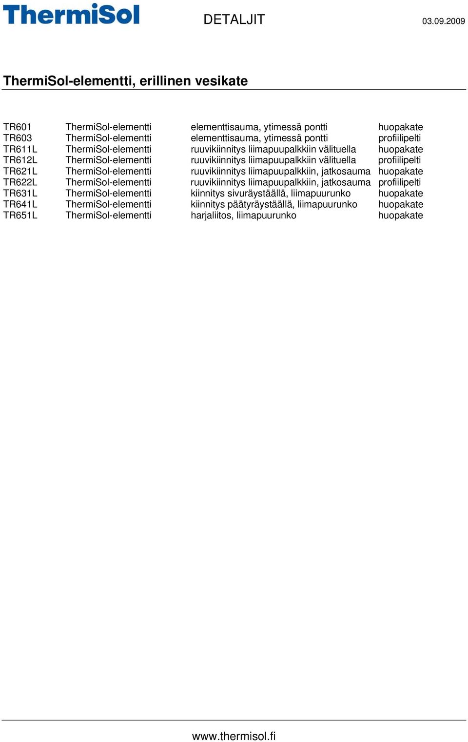 TR611L ThermiSol-elementti ruuvikiinnitys liimapuupalkkiin välituella huopakate TR612L ThermiSol-elementti ruuvikiinnitys liimapuupalkkiin välituella profiilipelti TR621L