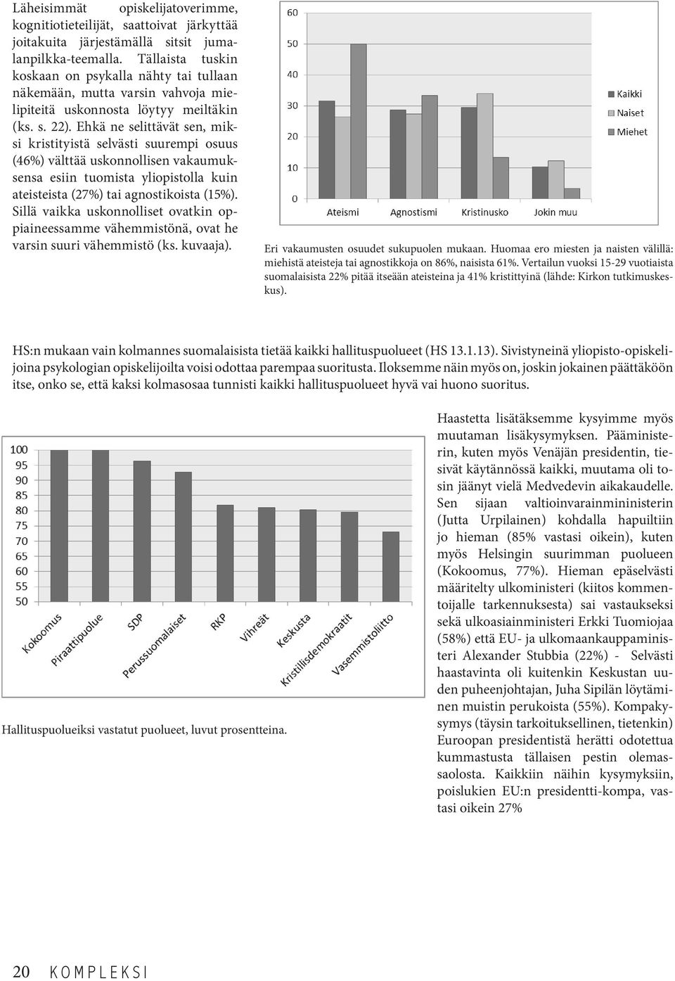 Ehkä ne selittävät sen, miksi kristityistä selvästi suurempi osuus (46%) välttää uskonnollisen vakaumuksensa esiin tuomista yliopistolla kuin ateisteista (27%) tai agnostikoista (15%).