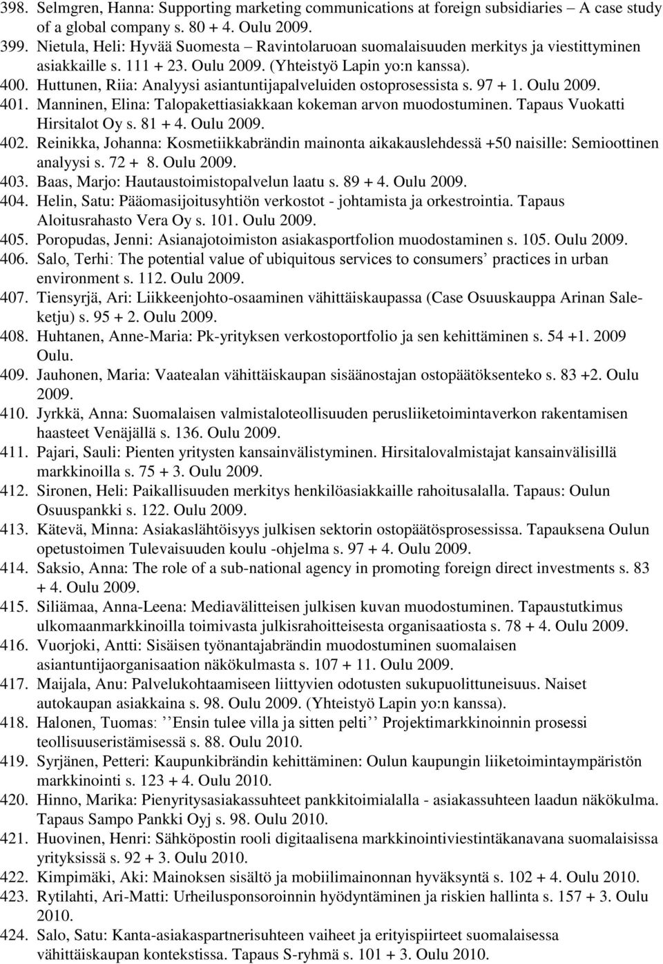 Huttunen, Riia: Analyysi asiantuntijapalveluiden ostoprosessista s. 97 + 1. Oulu 2009. 401. Manninen, Elina: Talopakettiasiakkaan kokeman arvon muodostuminen. Tapaus Vuokatti Hirsitalot Oy s. 81 + 4.