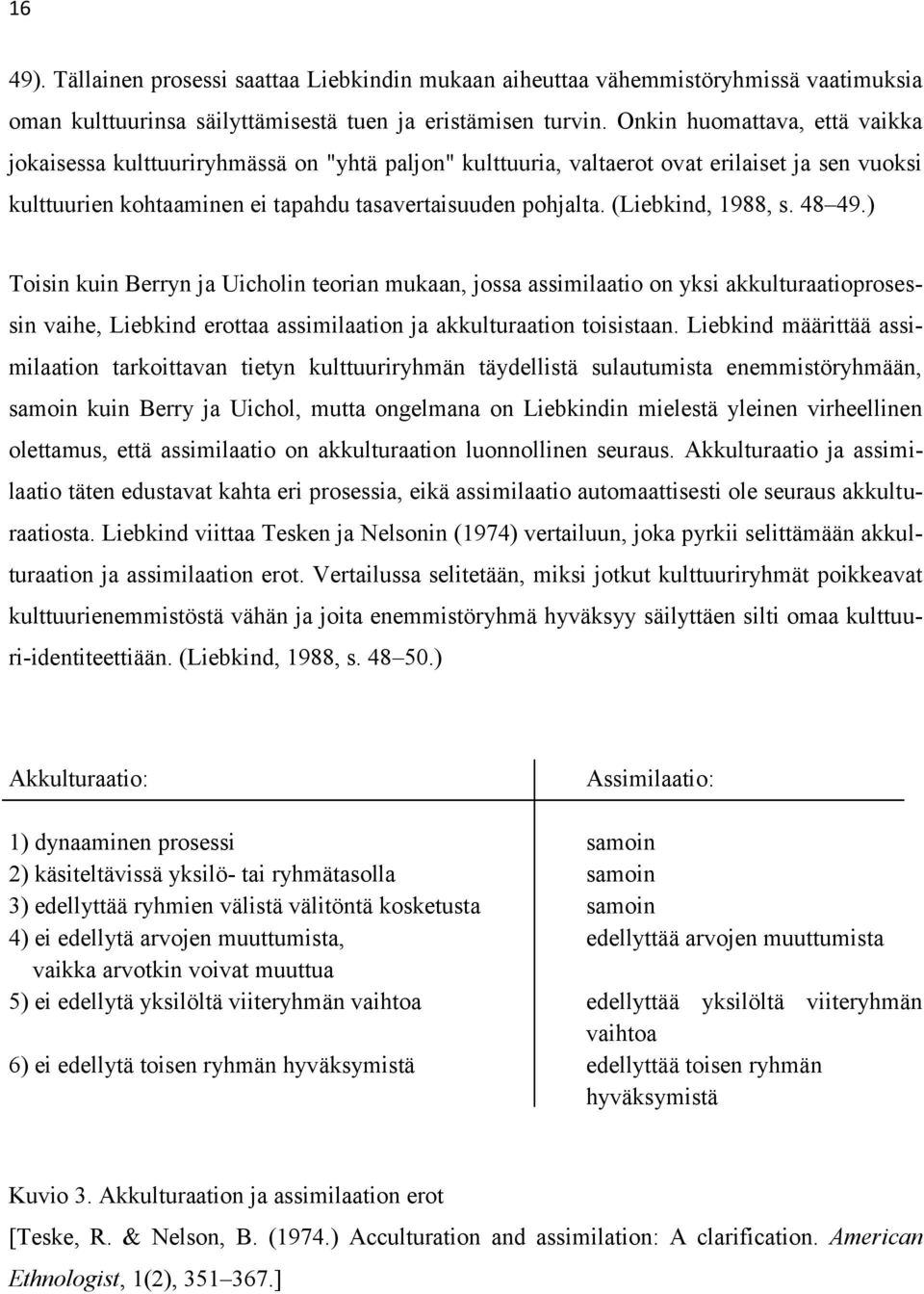 (Liebkind, 1988, s. 48 49.) Toisin kuin Berryn ja Uicholin teorian mukaan, jossa assimilaatio on yksi akkulturaatioprosessin vaihe, Liebkind erottaa assimilaation ja akkulturaation toisistaan.