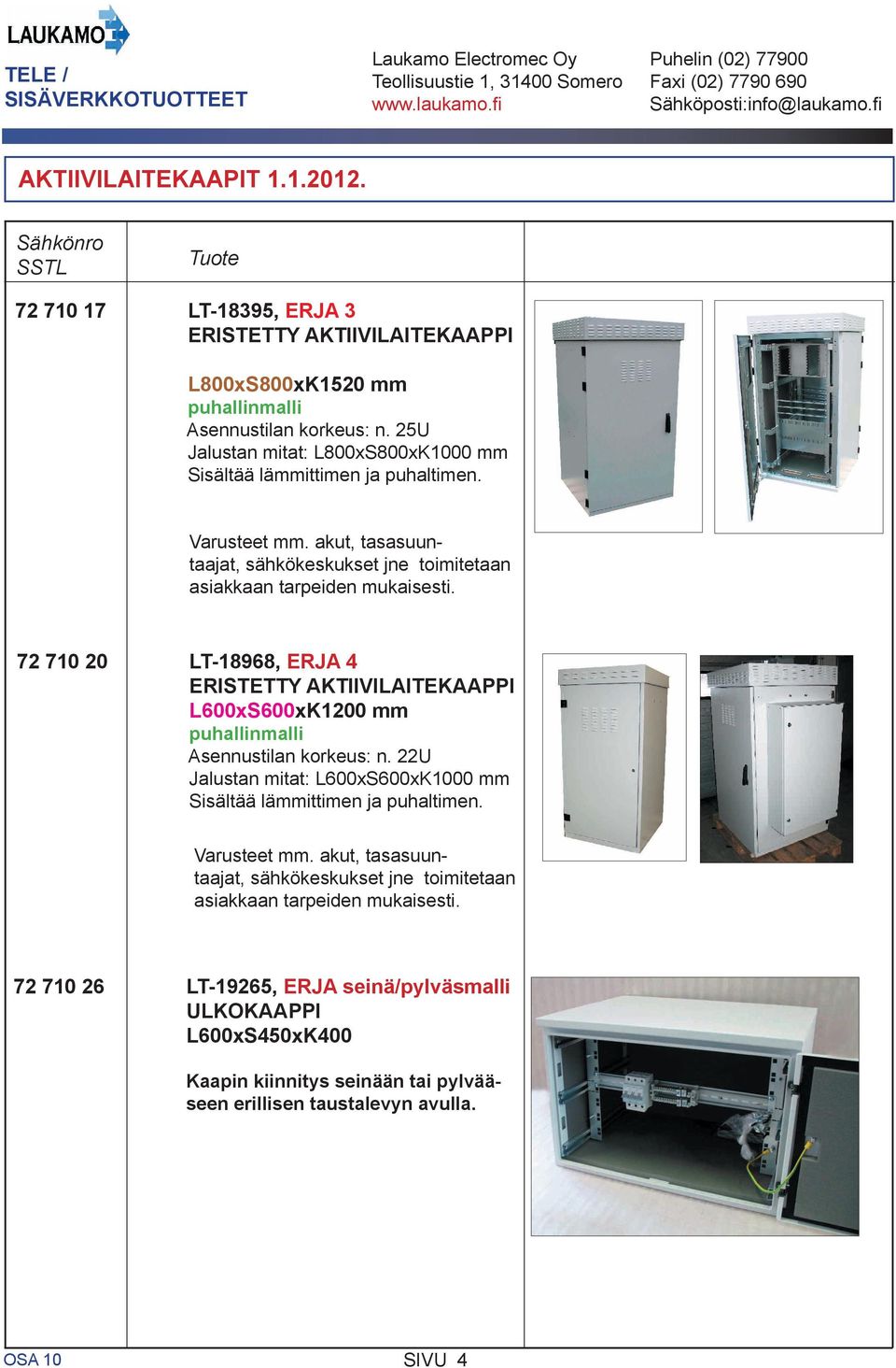 akut, tasasuuntaajat, 72 710 20 LT-18968, ERJA 4 ERISTETTY AKTIIVILAITEKAAPPI L600xS600xK1200 mm puhallinmalli Asennustilan korkeus: n.