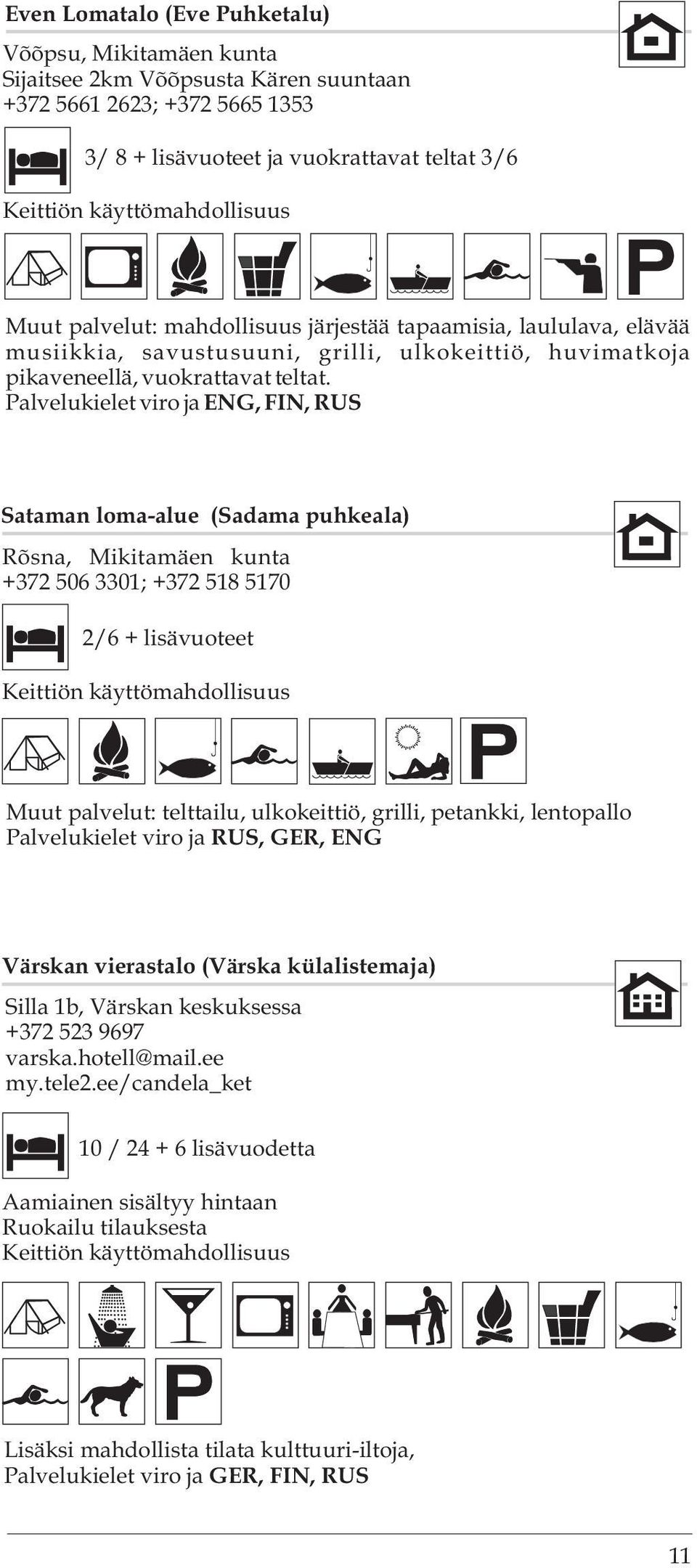 Palvelukielet viro ja ENG, FIN, RUS Sataman loma-alue (Sadama puhkeala) Rõsna, Mikitamäen kunta +372 506 3301; +372 518 5170 2/6 + lisävuoteet Keittiön käyttömahdollisuus Muut palvelut: telttailu,