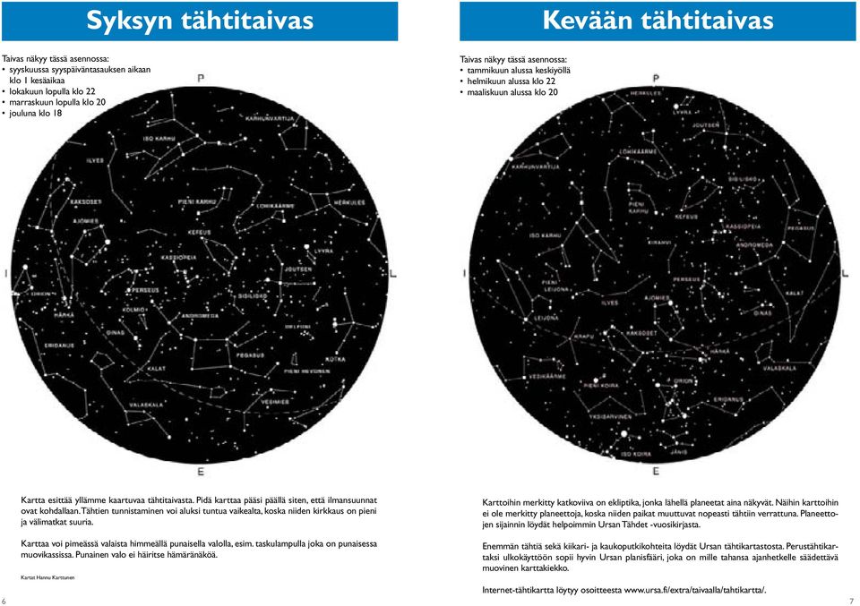 Pidä karttaa pääsi päällä siten, että ilmansuunnat ovat kohdallaan. Tähtien tunnistaminen voi aluksi tuntua vaikealta, koska niiden kirkkaus on pieni ja välimatkat suuria.