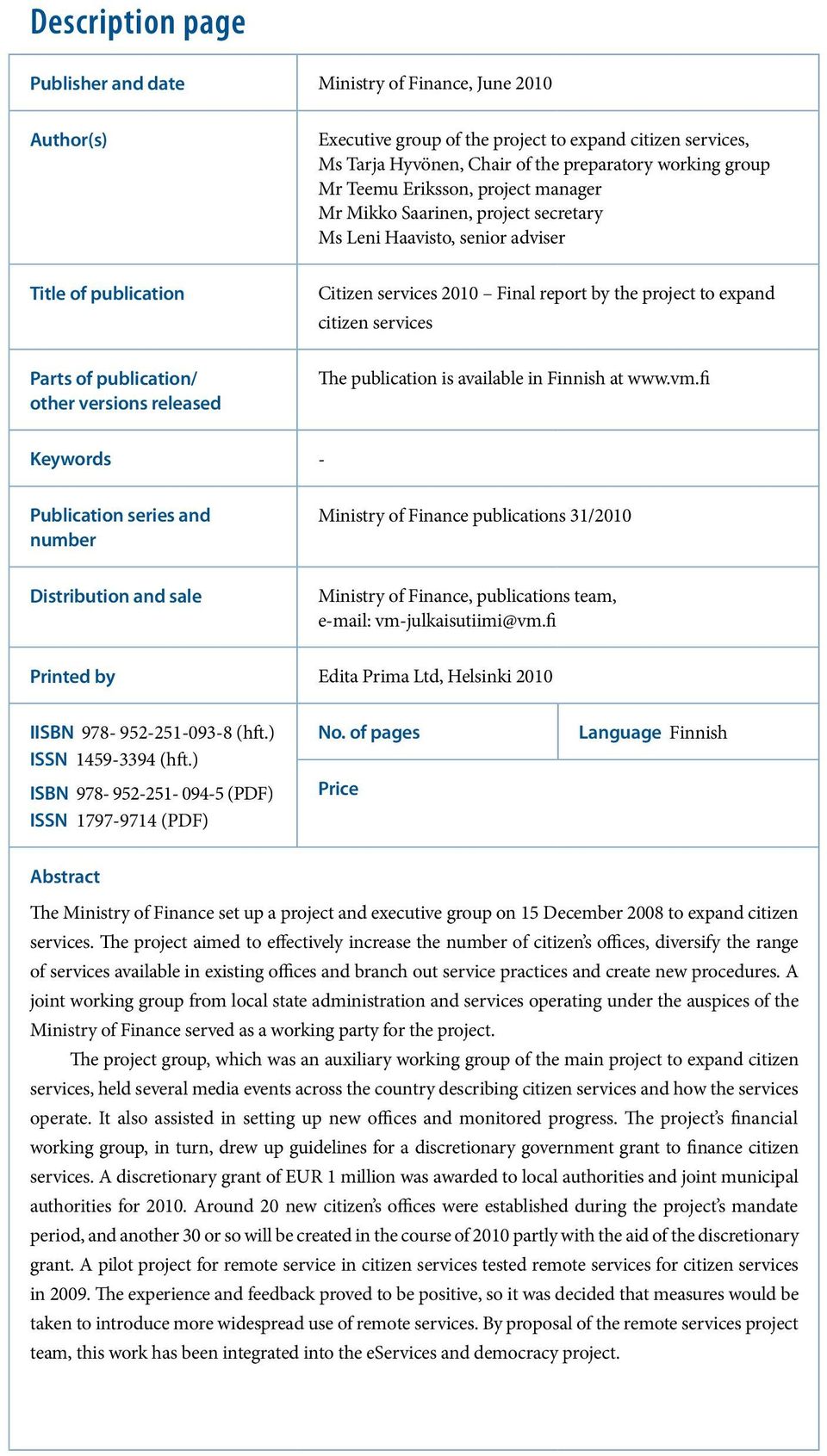 Parts of publication/ other versions released The publication is available in Finnish at www.vm.