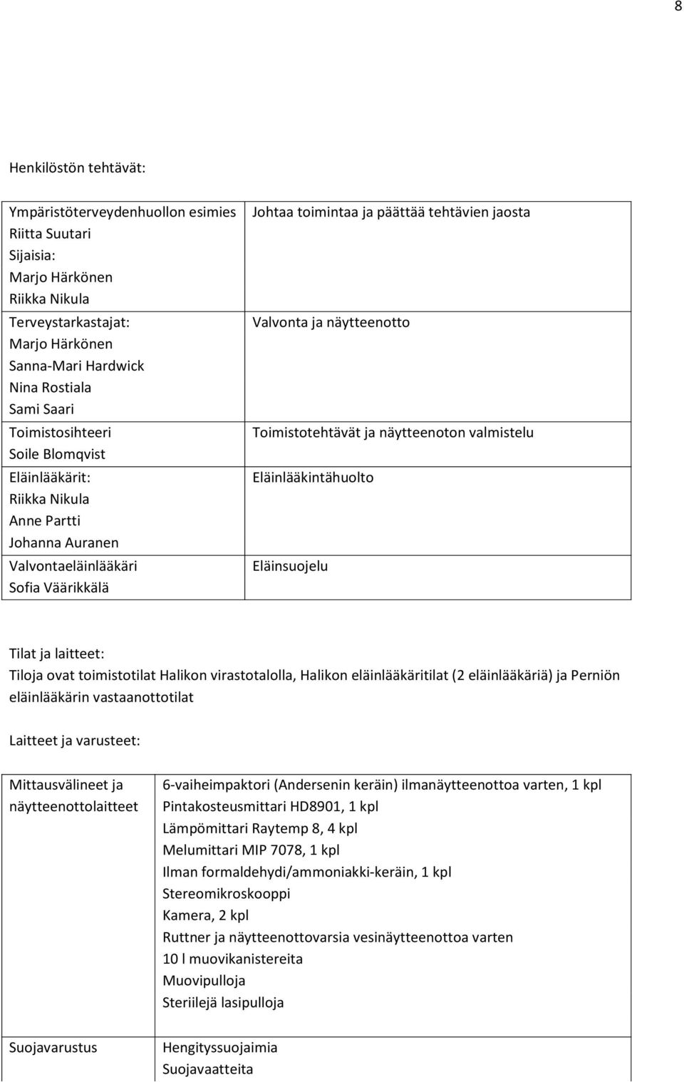 Toimistotehtävät ja näytteenoton valmistelu Eläinlääkintähuolto Eläinsuojelu Tilat ja laitteet: Tiloja ovat toimistotilat Halikon virastotalolla, Halikon eläinlääkäritilat (2 eläinlääkäriä) ja