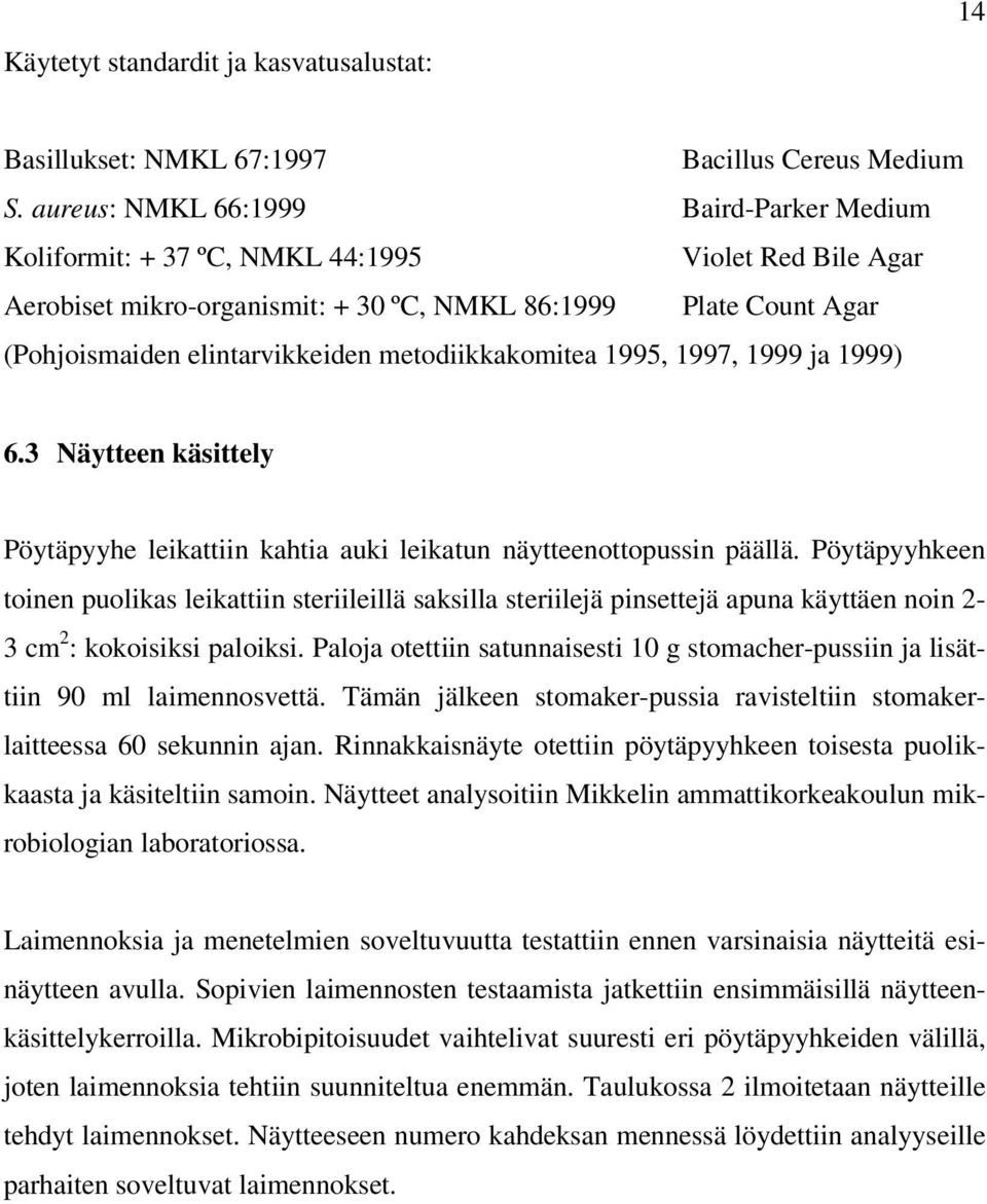 metodiikkakomitea 1995, 1997, 1999 ja 1999) 6.3 Näytteen käsittely Pöytäpyyhe leikattiin kahtia auki leikatun näytteenottopussin päällä.