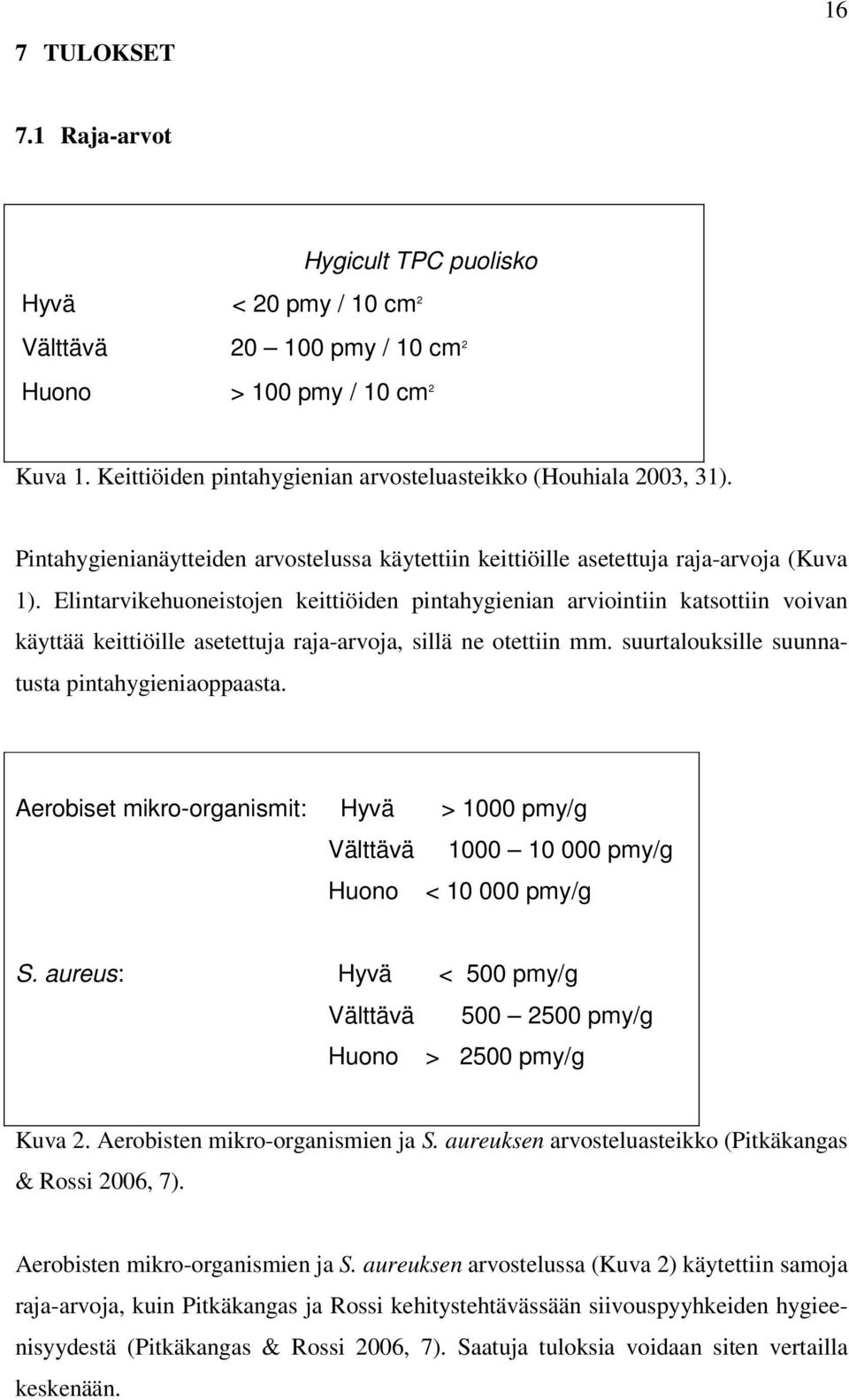 Elintarvikehuoneistojen keittiöiden pintahygienian arviointiin katsottiin voivan käyttää keittiöille asetettuja raja-arvoja, sillä ne otettiin mm. suurtalouksille suunnatusta pintahygieniaoppaasta.