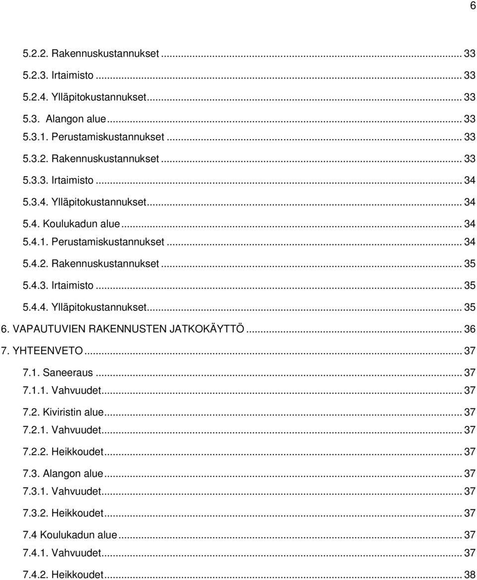 VAPAUTUVIEN RAKENNUSTEN JATKOKÄYTTÖ... 36 7. YHTEENVETO... 37 7.1. Saneeraus... 37 7.1.1. Vahvuudet... 37 7.2. Kiviristin alue... 37 7.2.1. Vahvuudet... 37 7.2.2. Heikkoudet... 37 7.3. Alangon alue.