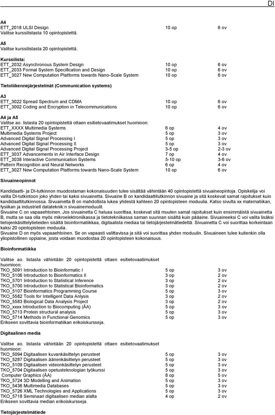 Tietoliikennejärjestelmät (Communication systems) A3 ETT_3022 Spread Spectrum and CDMA 10 op 6 ov ETT_3002 Coding and Encryption in Telecommunications 10 op 6 ov A4 ja A5 Valitse ao.