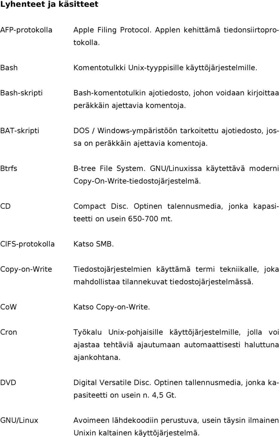 BAT-skripti DOS / Windows-ympäristöön tarkoitettu ajotiedosto, jossa on peräkkäin ajettavia komentoja. Btrfs B-tree File System. GNU/Linuxissa käytettävä moderni Copy-On-Write-tiedostojärjestelmä.