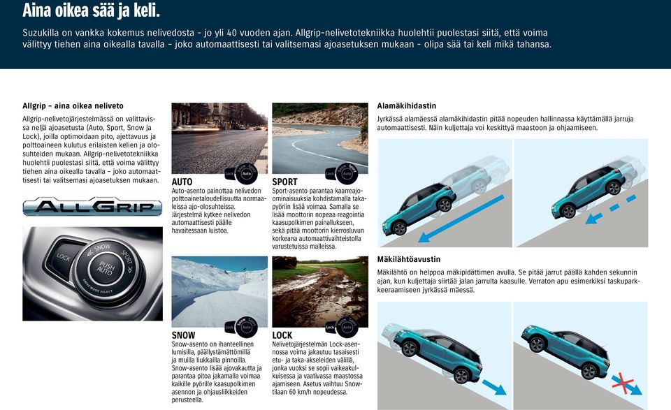 Allgrip aina oikea neliveto Allgrip-nelivetojärjestelmässä on valittavissa neljä ajoasetusta (Auto, Sport, Snow ja Lock), joilla optimoidaan pito, ajettavuus ja polttoaineen kulutus erilaisten kelien