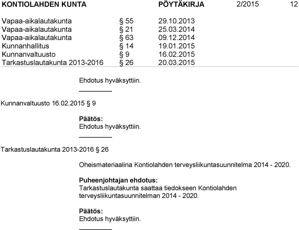 2015 Tarkastuslautakunta 2013-2016 26 20.03.2015 Kunnanvaltuusto 16.02.