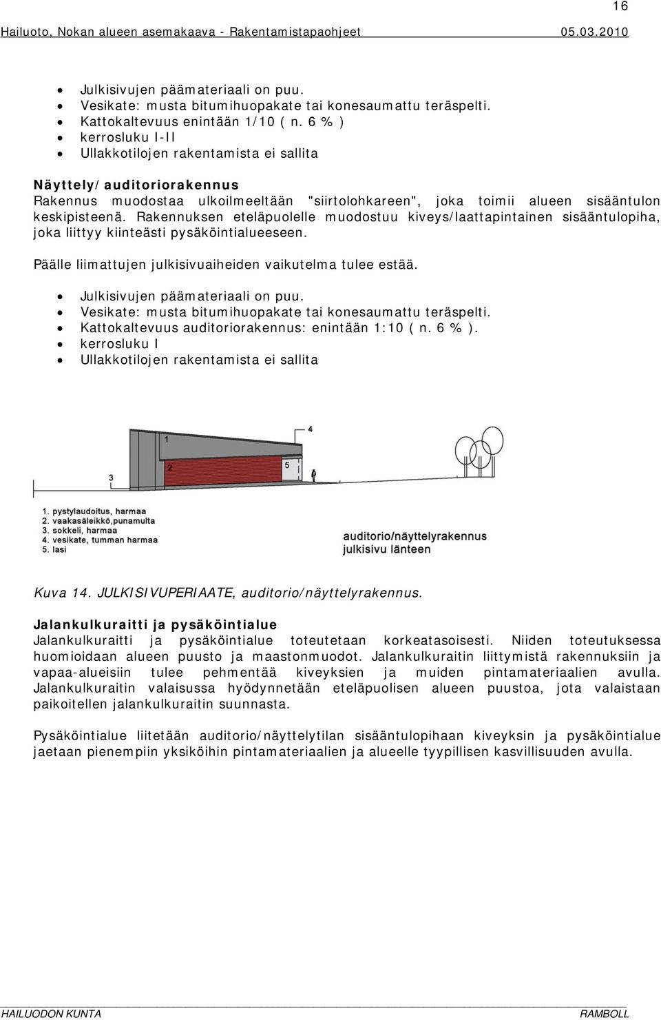 Rakennuksen eteläpuolelle muodostuu kiveys/laattapintainen sisääntulopiha, joka liittyy kiinteästi pysäköintialueeseen. Päälle liimattujen julkisivuaiheiden vaikutelma tulee estää.