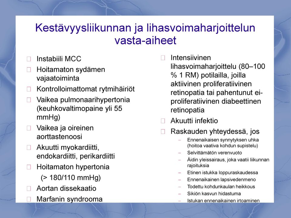 (80 100 % 1 RM) potilailla, joilla aktiivinen proliferatiivinen retinopatia tai pahentunut eiproliferatiivinen diabeettinen retinopatia Akuutti infektio Raskauden yhteydessä, jos Ennenaikaisen