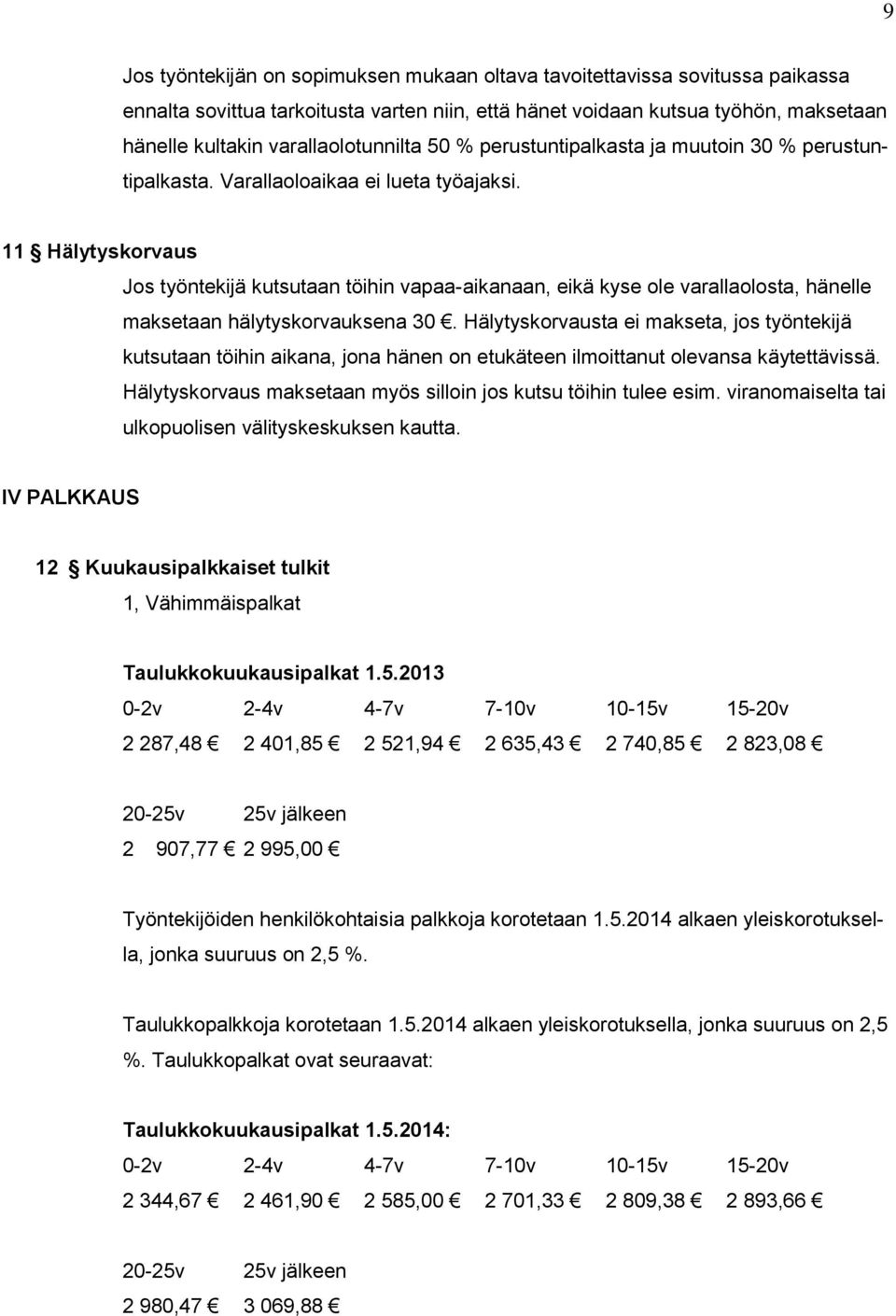 11 Hälytyskorvaus Jos työntekijä kutsutaan töihin vapaa-aikanaan, eikä kyse ole varallaolosta, hänelle maksetaan hälytyskorvauksena 30.