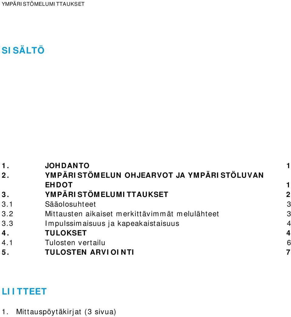 1 Sääolosuhteet.2 Mittausten aikaiset merkittävimmät melulähteet.