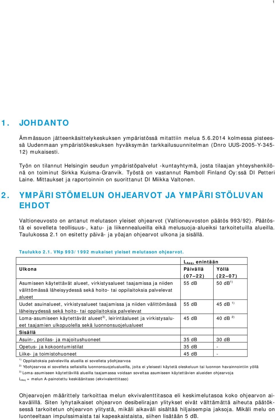 Työn on tilannut Helsingin seudun ympäristöpalvelut -kuntayhtymä, josta tilaajan yhteyshenkilönä on toiminut Sirkka Kuisma-Granvik. Työstä on vastannut Ramboll Finland Oy:ssä DI Petteri Laine.