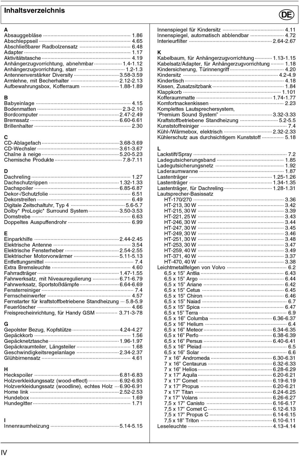 15 Bodenmatten... 2.3-2.10 Bordcomputer... 2.47-2.49 Bremssatz... 6.60-6.61 Brillenhalter... 2.30 C CD-Ablagefach... 3.68-3.69 CD-Wechsler... 3.61-3.67 Chaîne à neige... 5.20-5.23 Chemische Produkte.