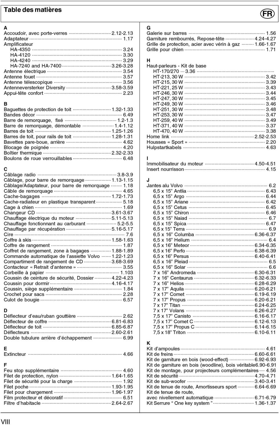 .. 1.2-1.3 Barre de remorquage, démontable... 1.4-1.12 Barres de toit... 1.25-1.26 Barres de toit, pour rails de toit... 1.28-1.31 Bavettes pare-boue, arrière... 4.62 Blocage de poignée... 4.20 Boîtier thermique.