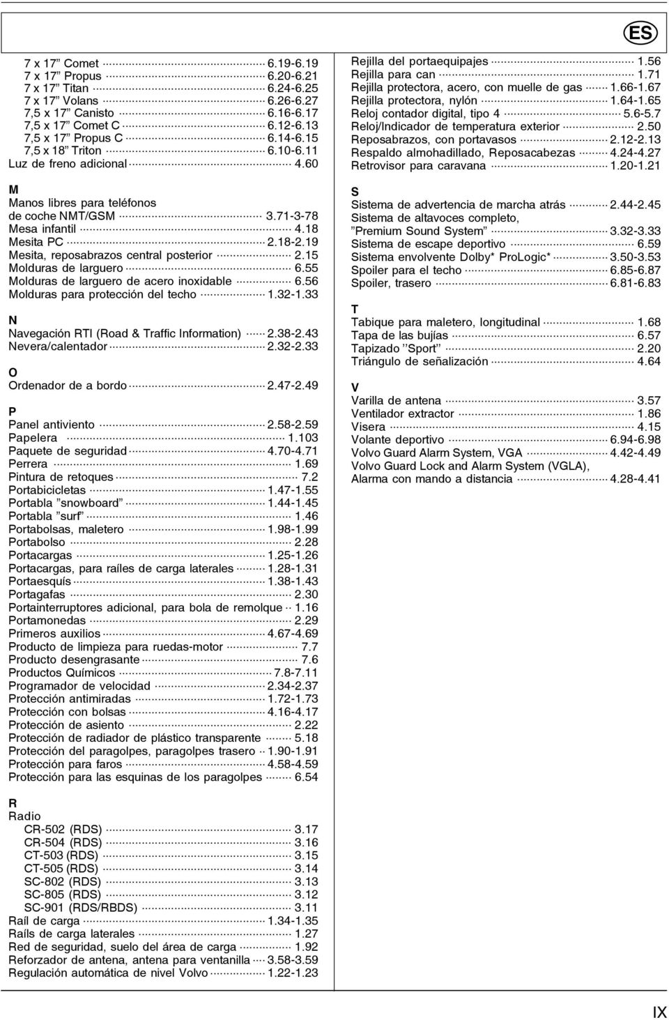 19 Mesita, reposabrazos central posterior... 2.15 Molduras de larguero... 6.55 Molduras de larguero de acero inoxidable... 6.56 Molduras para protección del techo... 1.32-1.