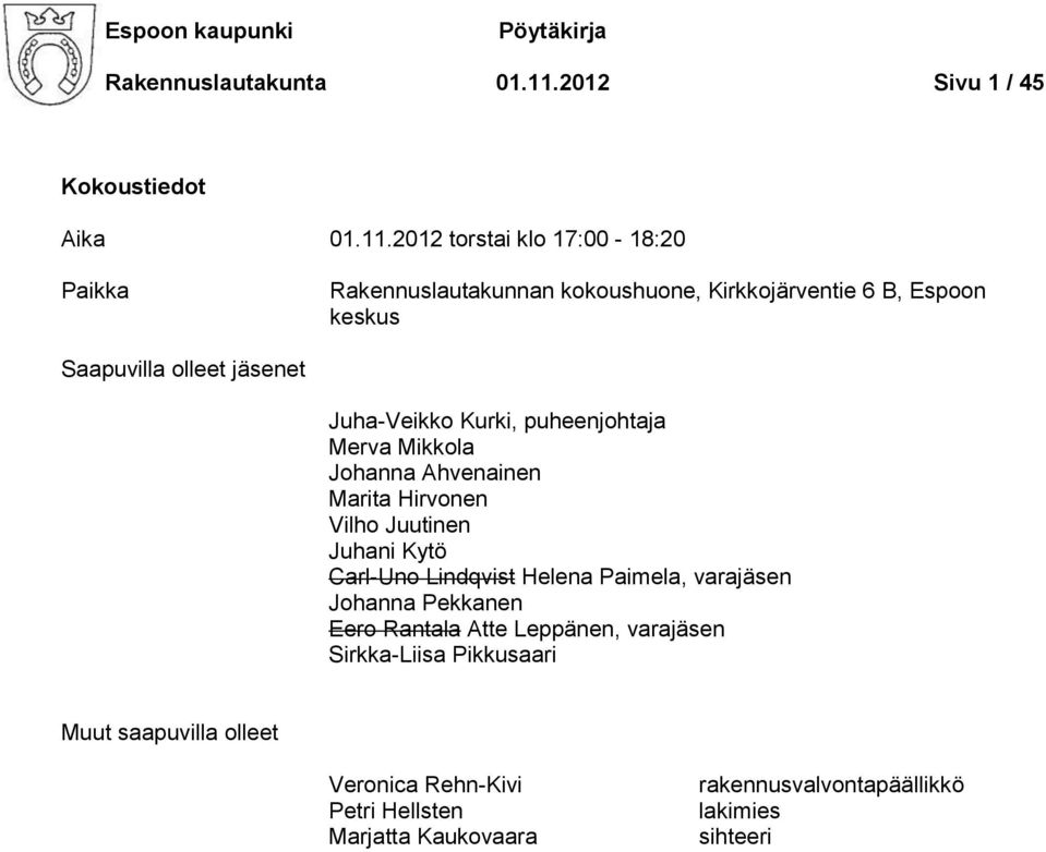 2012 torstai klo 17:00-18:20 Paikka Rakennuslautakunnan kokoushuone, Kirkkojärventie 6 B, Espoon keskus Saapuvilla olleet jäsenet Juha-Veikko