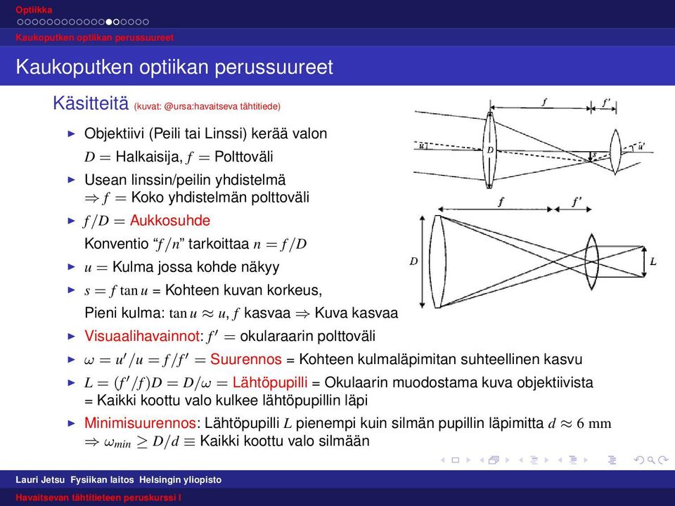 kulma: tan u u, f kasvaa Kuva kasvaa Visuaalihavainnot: f = okularaarin polttoväli ω = u /u = f /f = Suurennos = Kohteen kulmaläpimitan suhteellinen kasvu L = (f /f )D = D/ω = Lähtöpupilli =