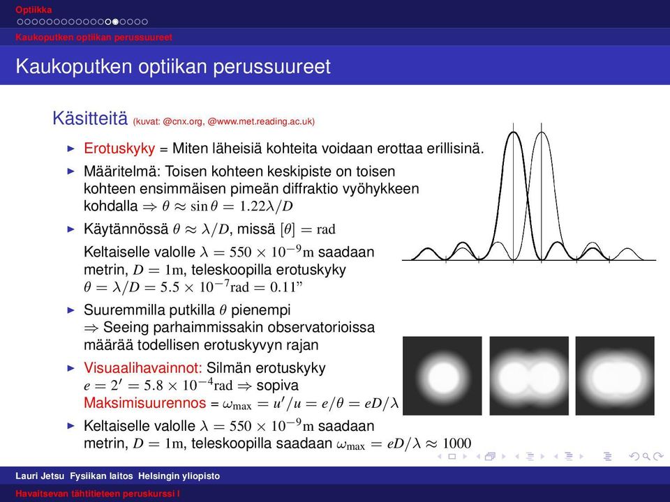 22λ/D Käytännössä θ λ/d, missä [θ] = rad Keltaiselle valolle λ = 550 10 9 m saadaan metrin, D = 1m, teleskoopilla erotuskyky θ = λ/d = 5.5 10 7 rad = 0.