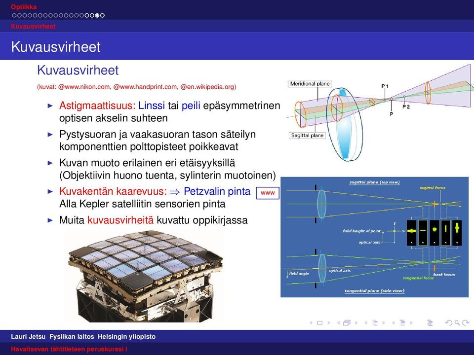 säteilyn komponenttien polttopisteet poikkeavat Kuvan muoto erilainen eri etäisyyksillä (Objektiivin huono tuenta,