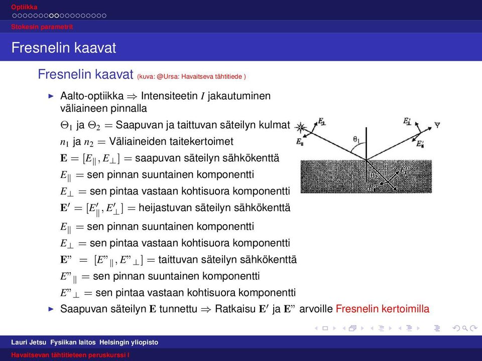 kohtisuora komponentti E = [E, E ] = heijastuvan säteilyn sähkökenttä E = sen pinnan suuntainen komponentti E = sen pintaa vastaan kohtisuora komponentti E = [E, E ] = taittuvan