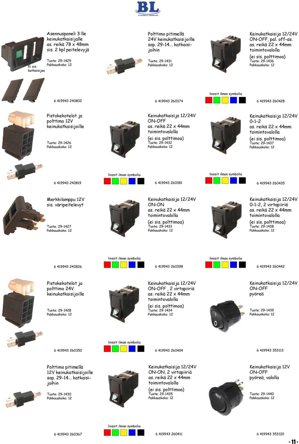 polttimoa) Tuote: 29-1436 linssit ilman symbolia 6 419943 240802 6 419943 260374 6 419943 260428 Pistokekotelot ja polttimo 12V keinukatkaisijoille Tuote: 29-1426 Keinukatkaisija 12/24V as.