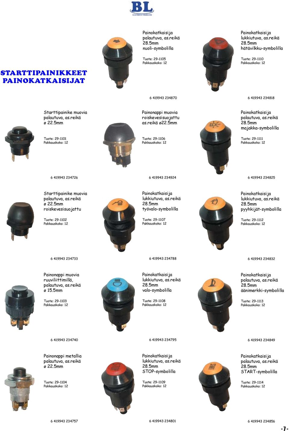 5mm majakka-symbolilla Tuote: 29-1101 Tuote: 29-1106 Tuote: 29-1111 6 419943 234726 6 419943 234924 6 419943 234825 Starttipainike muovia palautuva, as.reikä ø 22.