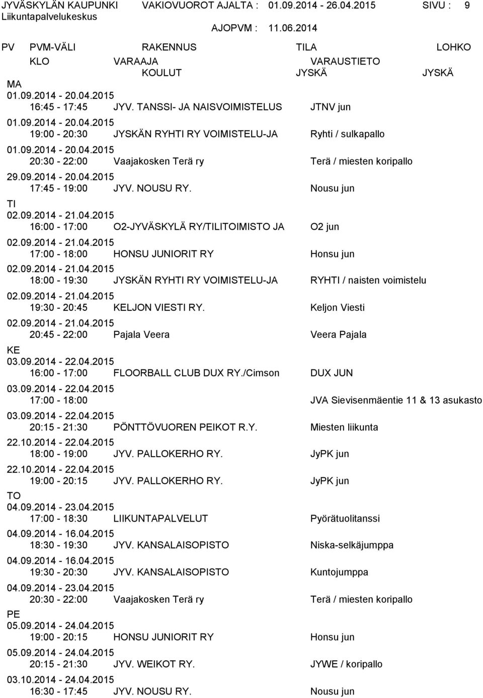 Nousu jun 16:00-17:00 O2-JYVÄSKYLÄ RY/LIIMIS JA O2 jun 17:00-18:00 HONSU JUNIORIT RY Honsu jun 18:00-19:30 JYSKÄN RYH RY VOIMISTELU-JA RYH / naisten voimistelu 19:30-20:45 LJON VIES RY.