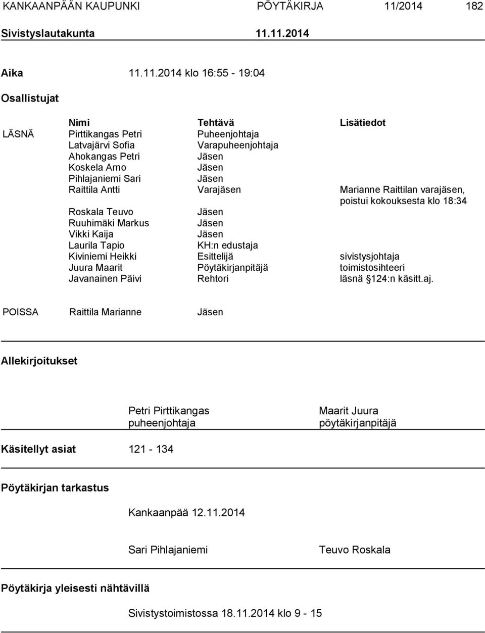 11.2014 Aika 11.11.2014 klo 16:55-19:04 Osallistujat Nimi Tehtävä Lisätiedot LÄSNÄ Pirttikangas Petri Puheenjohtaja Latvajärvi Sofia Varapuheenjohtaja Ahokangas Petri Jäsen Koskela Arno Jäsen