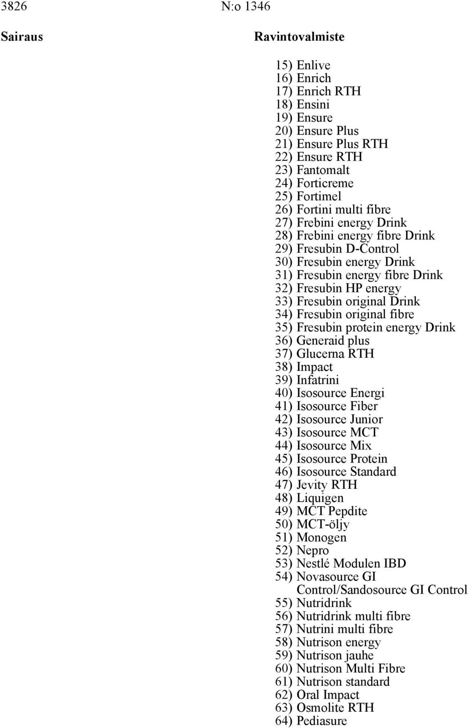 original Drink 34) Fresubin original fibre 35) Fresubin protein energy Drink 36) Generaid plus 37) Glucerna RTH 38) Impact 39) Infatrini 40) Isosource Energi 41) Isosource Fiber 42) Isosource Junior