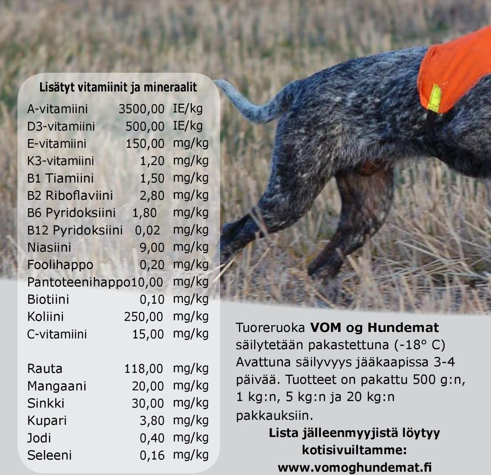 Mangaani 20,00 Sinkki 30,00 Kupari 3,80 Jodi 0,40 Seleeni 0,16 IE/kg IE/kg Tuoreruoka VOM og Hundemat säilytetään pakastettuna (-18 C) Avattuna säilyvyys