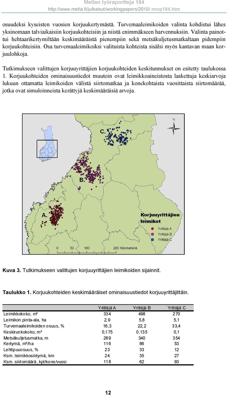 Osa turvemaaleimikoiksi valituista kohteista sisälsi myös kantavan maan korjuulohkoja. Tutkimukseen valittujen korjuuyrittäjien korjuukohteiden keskitunnukset on esitetty taulukossa 1.