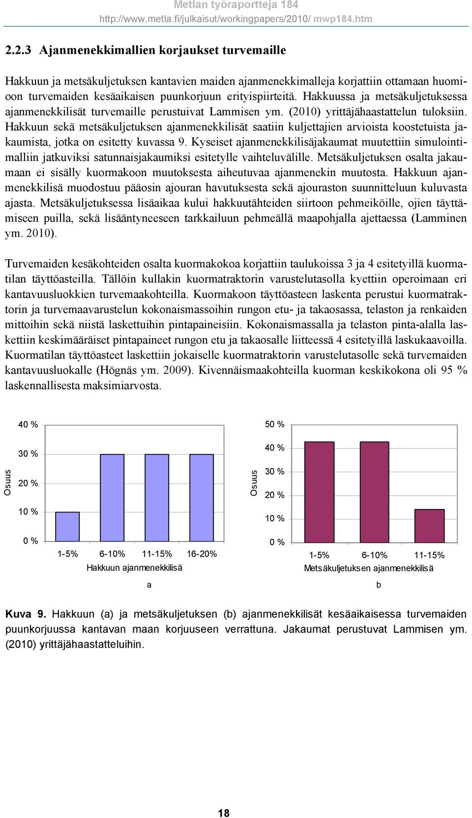 Hakkuun sekä metsäkuljetuksen ajanmenekkilisät saatiin kuljettajien arvioista koostetuista jakaumista, jotka on esitetty kuvassa 9.