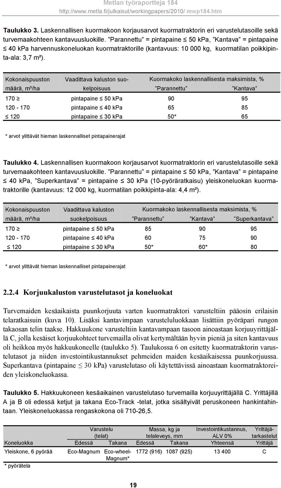 Kokonaispuuston Vaadittava kaluston suokelpoisuus Kuormakoko laskennallisesta maksimista, % määrä, m³/ha Parannettu Kantava 170 pintapaine 50 kpa 90 95 120-170 pintapaine 40 kpa 65 85 120 pintapaine