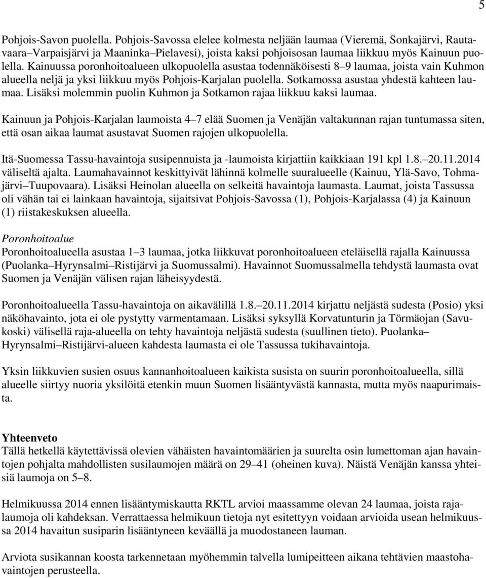 Kainuussa poronhoitoalueen ulkopuolella asustaa todennäköisesti 8 9 laumaa, joista vain Kuhmon alueella neljä ja yksi liikkuu myös Pohjois-Karjalan puolella. Sotkamossa asustaa yhdestä kahteen laumaa.
