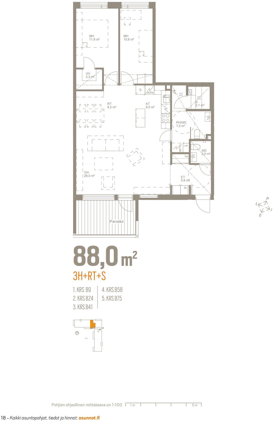 .fi,9 m² k 2,1 m² WC 1 10,6 m² 2,3 m² J/P RT 8,2 m² T 9, m² 2,1 m² WC 26,0 m²,9 m² k L E P I 88,0 m 2 3H+T+RT+ 88,0 m2 Tunnus erros Huoneistoala 3H+RT+ B9 1. krs 88,0 m² B24 2.