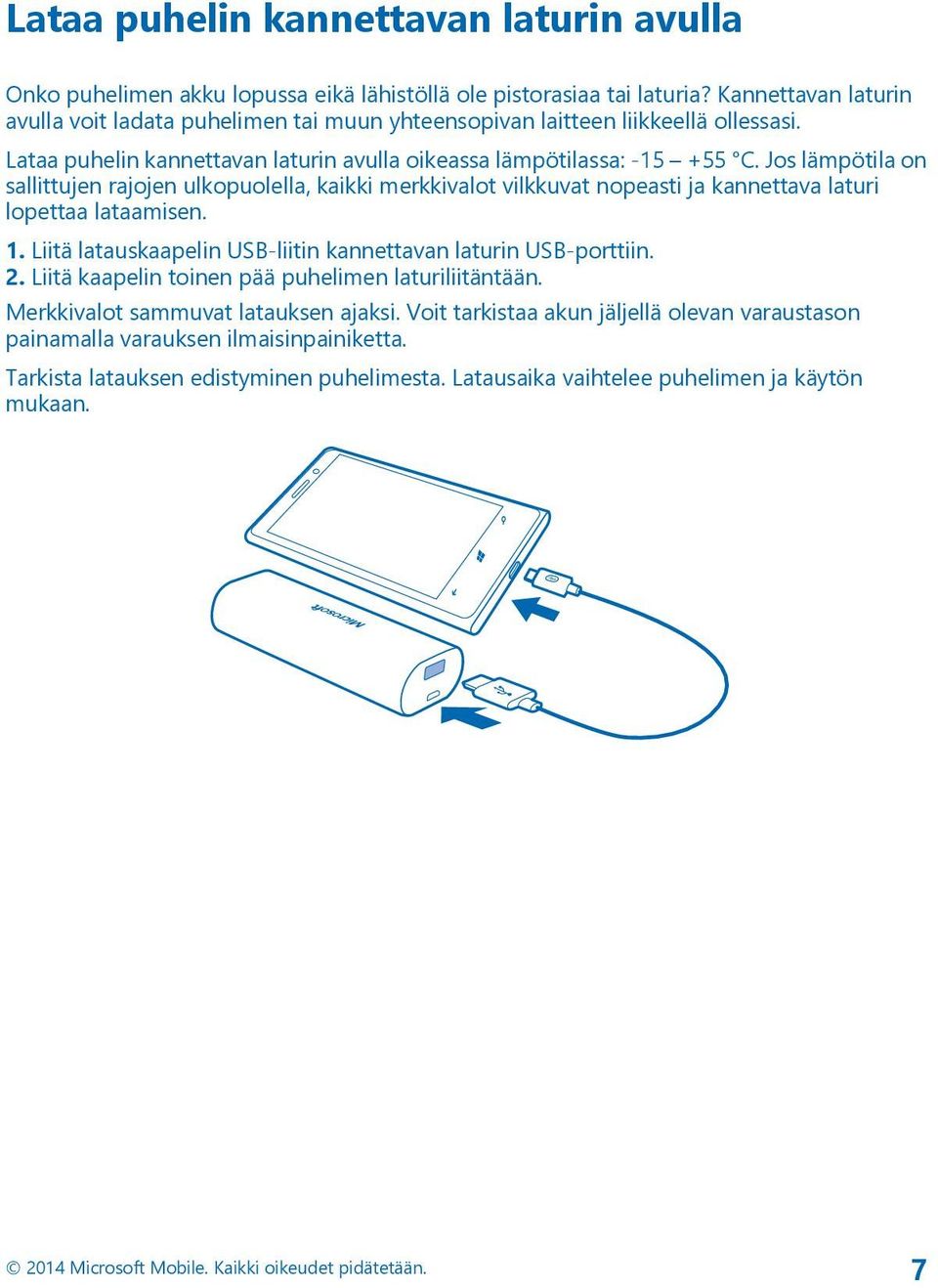 Jos lämpötila on sallittujen rajojen ulkopuolella, kaikki merkkivalot vilkkuvat nopeasti ja kannettava laturi lopettaa lataamisen. 1. Liitä latauskaapelin USB-liitin kannettavan laturin USB-porttiin.