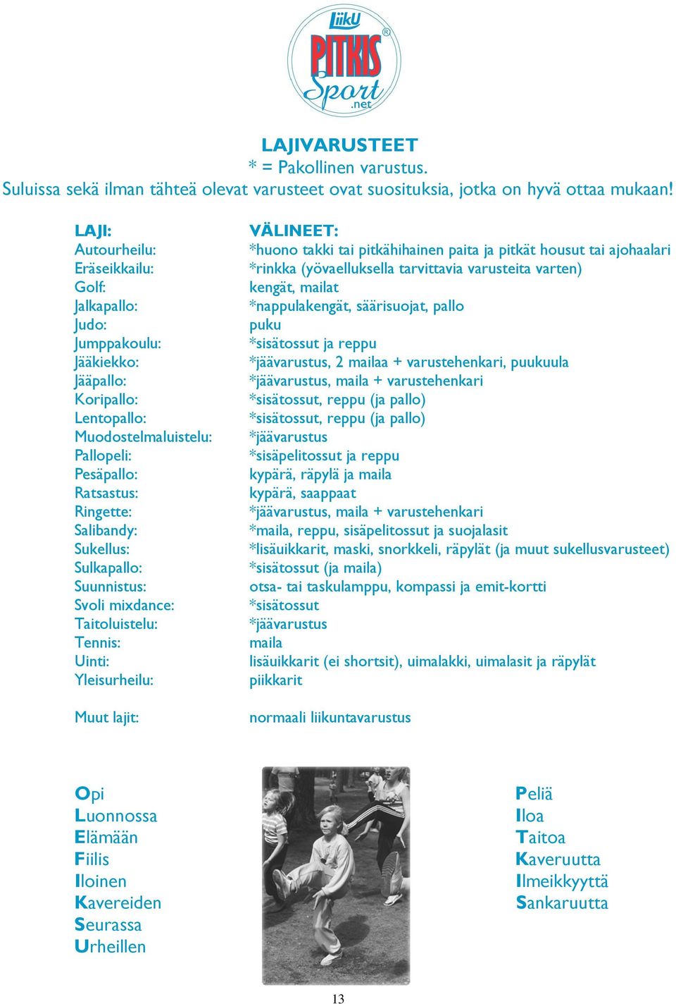 Sulkapallo: Suunnistus: Svoli mixdance: Taitoluistelu: Tennis: Uinti: Yleisurheilu: Muut lajit: VÄLINEET: *huono takki tai pitkähihainen paita ja pitkät housut tai ajohaalari *rinkka (yövaelluksella