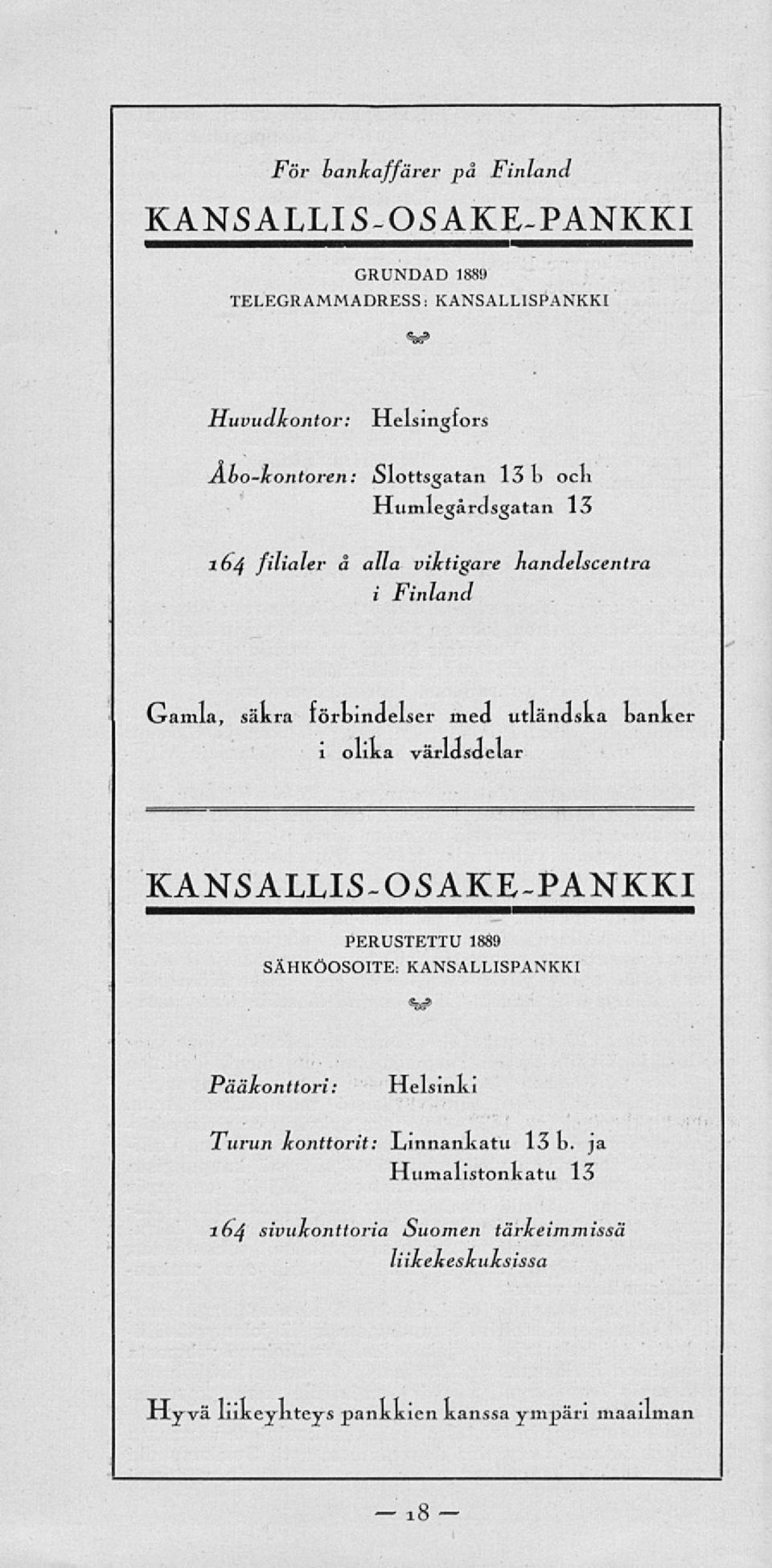 banker 1 olika världsdelar KANSALLLS-OSAKE-PANKKI PERUSTETTU 1889 SÄHKÖOSOITE: KANSALLISPANKKI Pääkonttori: Helsinki Turun konttorit: