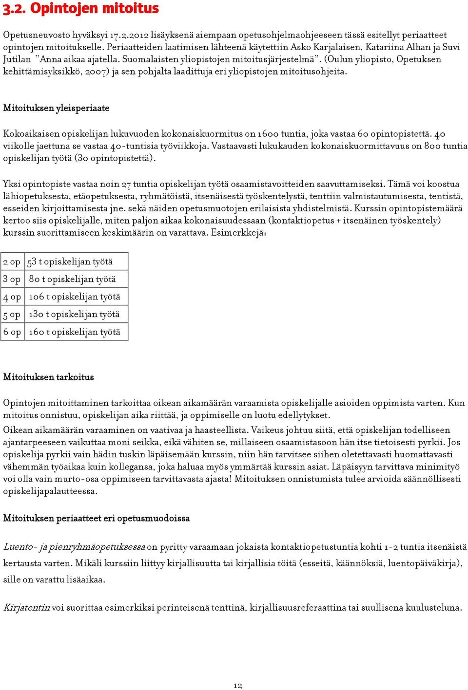 (Oulun yliopisto, Opetuksen kehittämisyksikkö, 2007) ja sen pohjalta laadittuja eri yliopistojen mitoitusohjeita.