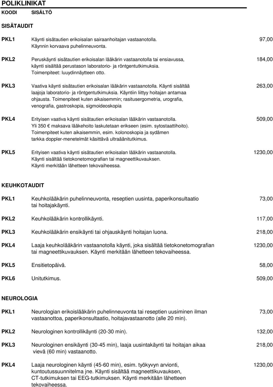 PKL3 Vaativa käynti sisätautien erikoisalan lääkärin vastaanotolla. Käynti sisältää 263,00 laajoja laboratorio- ja röntgentutkimuksia. Käyntiin liittyy hoitajan antamaa ohjausta.