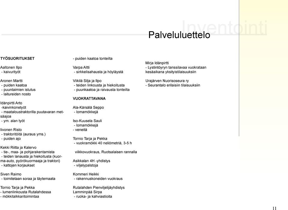 ) - puiden ajo Kekki Riitta ja Kalervo - tie-, maa- ja pohjarakentamista - teiden lanausta ja hiekoitusta (kuorma-auto, pyörökuormaaja ja traktori) - kattojen korjaukset Siven Raimo - toimitetaan